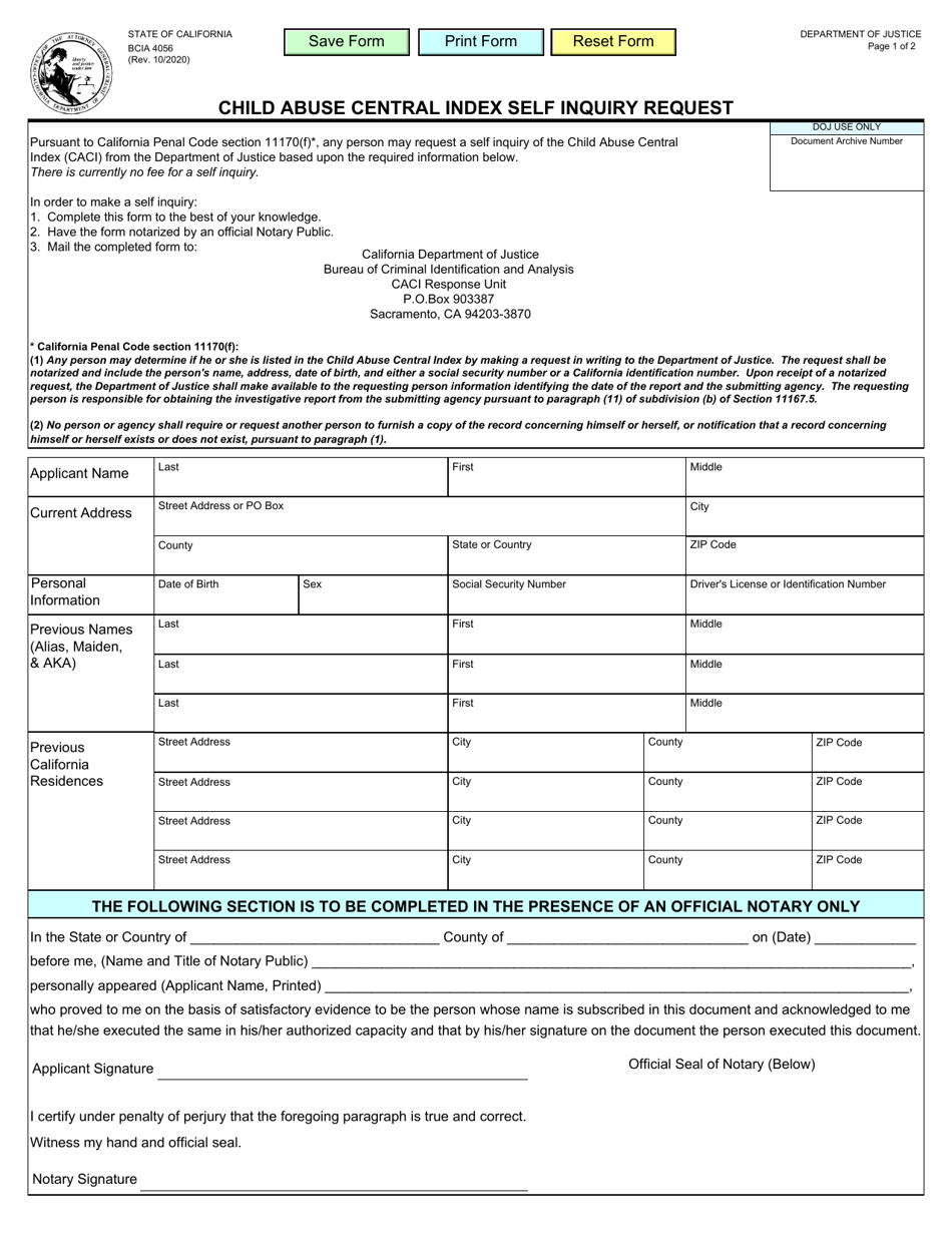 Form BCIA4056 Child Abuse Central Index Self Inquiry Request - California, Page 1