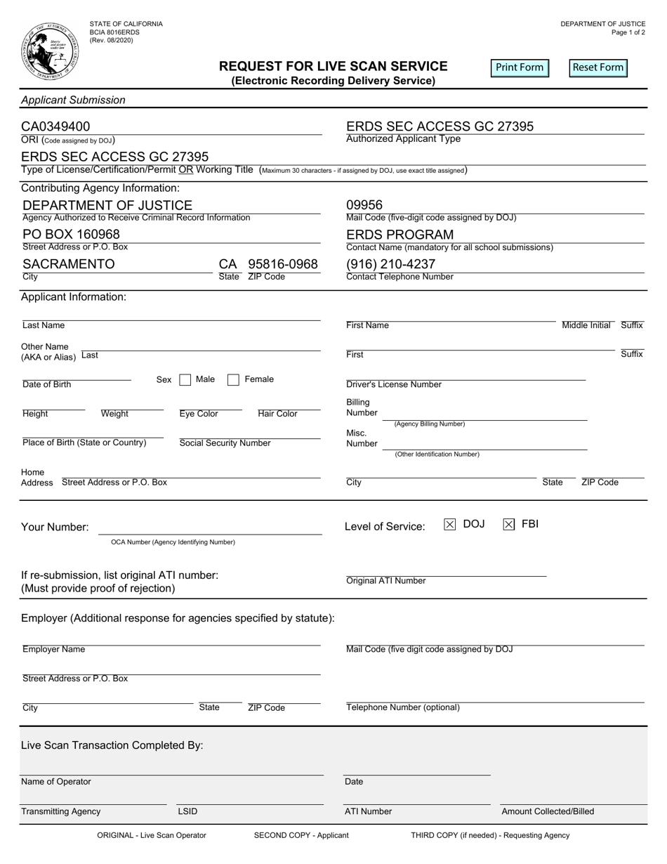 Form BCIA8016ERDS Request for Live Scan Service (Electronic Recording Delivery Service) - California, Page 1