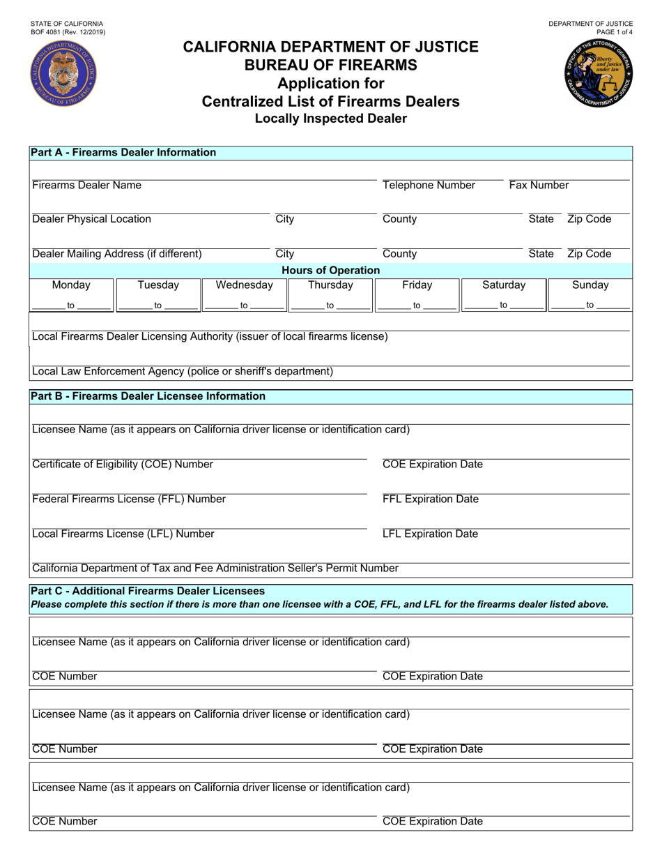 Form BOF4081 Application for Centralized List of Firearms Dealers - Locally Inspected Dealer - California, Page 1