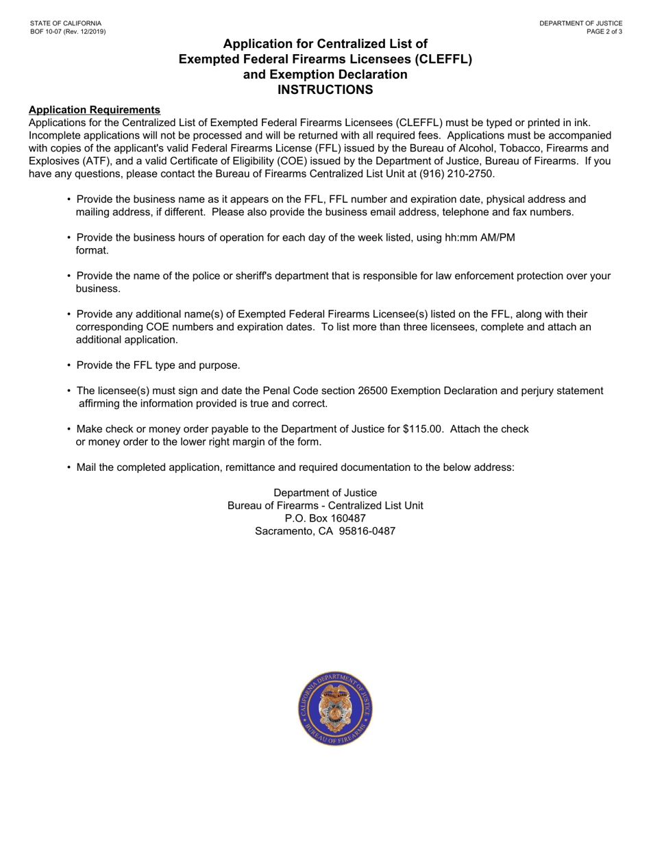Form BOF10-07 Application for Centralized List of Exempted Federal Firearms Licensees (Cleffl) and Exemption Declaration - California, Page 2
