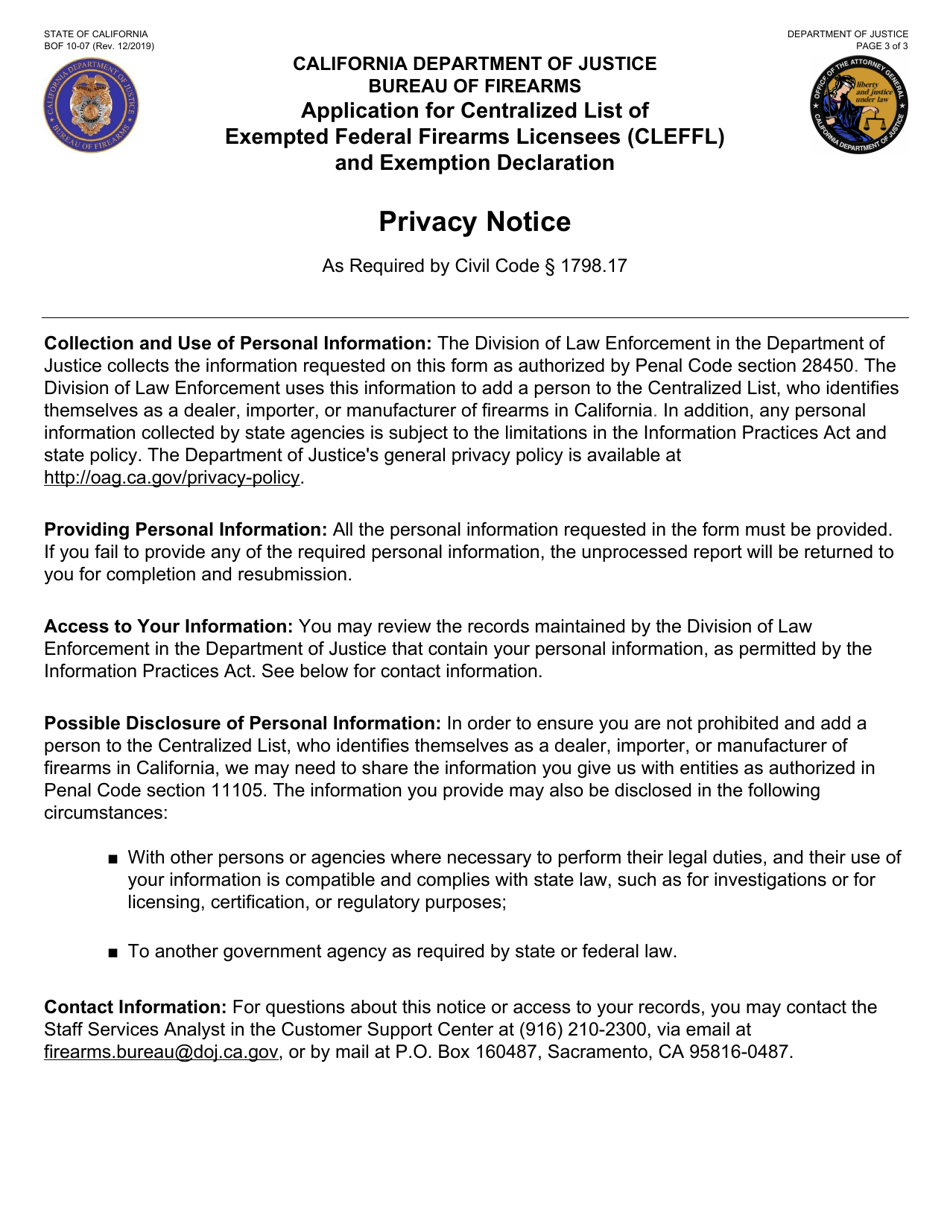 Form BOF10-07 Application for Centralized List of Exempted Federal Firearms Licensees (Cleffl) and Exemption Declaration - California, Page 3