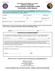 Document preview: Form BOF1033 Assault Weapon Registration (Awr) Confirmation Letter Request - California