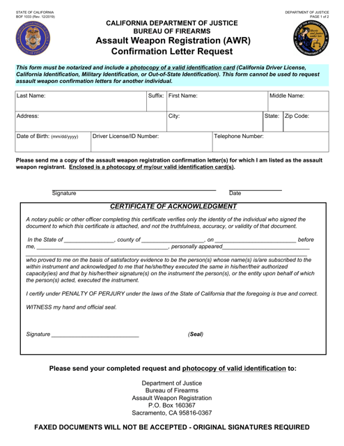 Form BOF1033 Assault Weapon Registration (Awr) Confirmation Letter Request - California