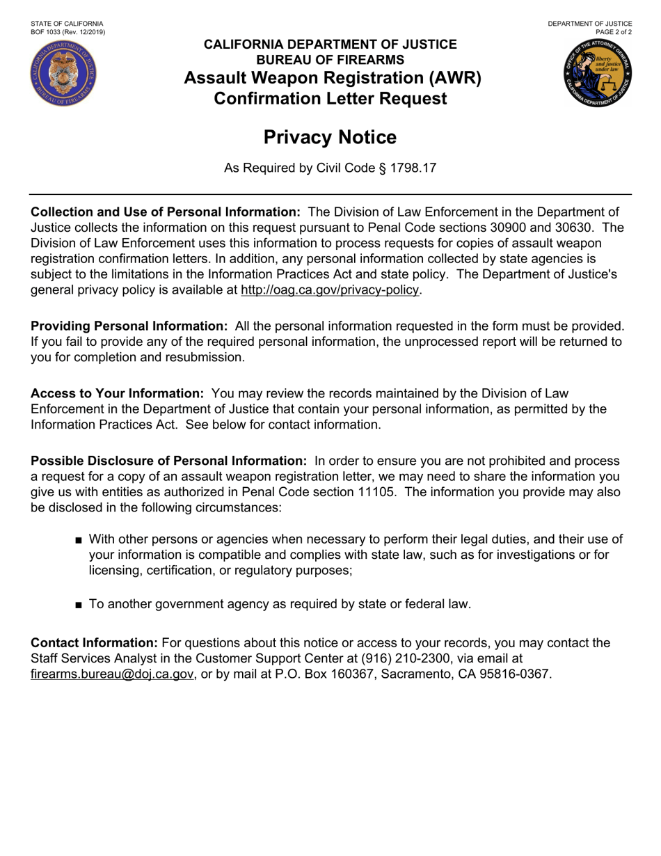 Form BOF1033 Assault Weapon Registration (Awr) Confirmation Letter Request - California, Page 2