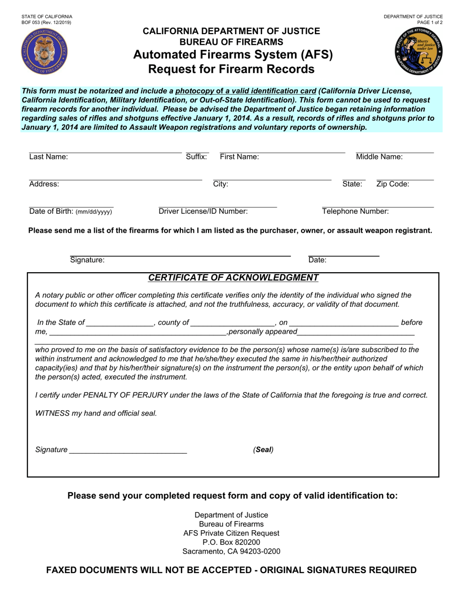 Form BOF053 Automated Firearms System (Afs) Request for Firearm Records - California, Page 1