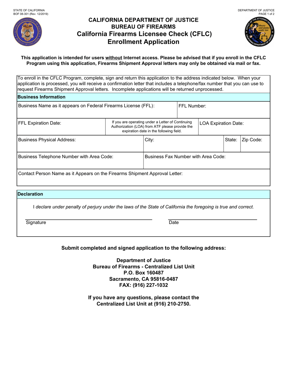 Form BOF08-301 California Firearms Licensee Check (Cflc) Enrollment Application - California, Page 1