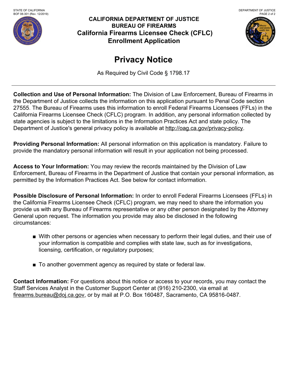 Form BOF08-301 California Firearms Licensee Check (Cflc) Enrollment Application - California, Page 2