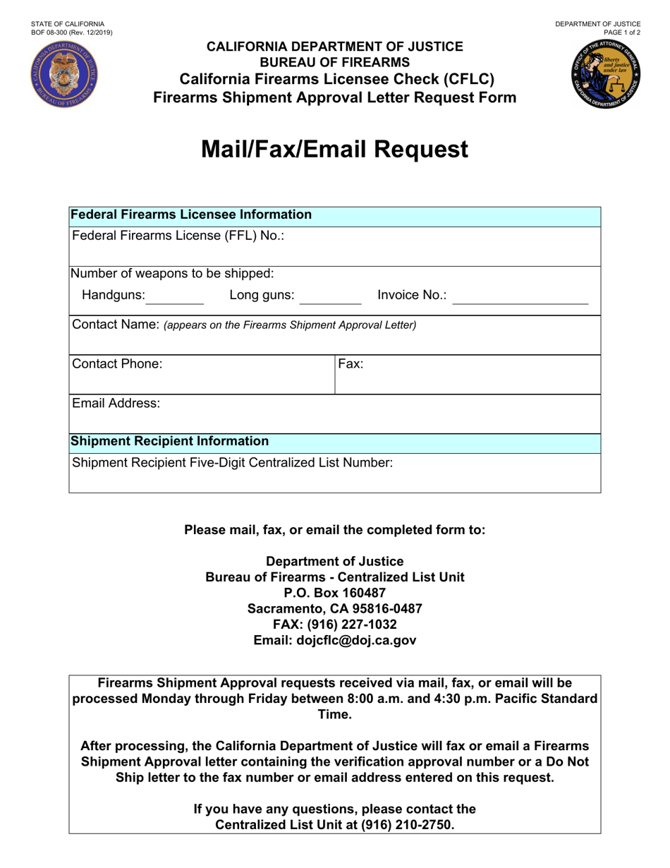 Form BOF08-300 California Firearms Licensee Check (Cflc) Firearms Shipment Approval Letter Request Form - California, Page 1