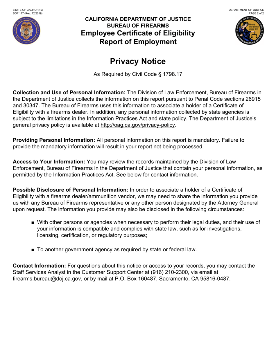 Form BOF117 Employee Certificate of Eligibility Report of Employment - California, Page 2