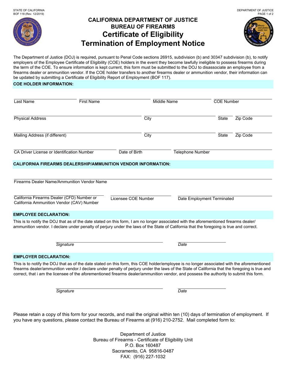Form BOF118 Employee Certificate of Eligibility Termination of Employment Notice - California, Page 1