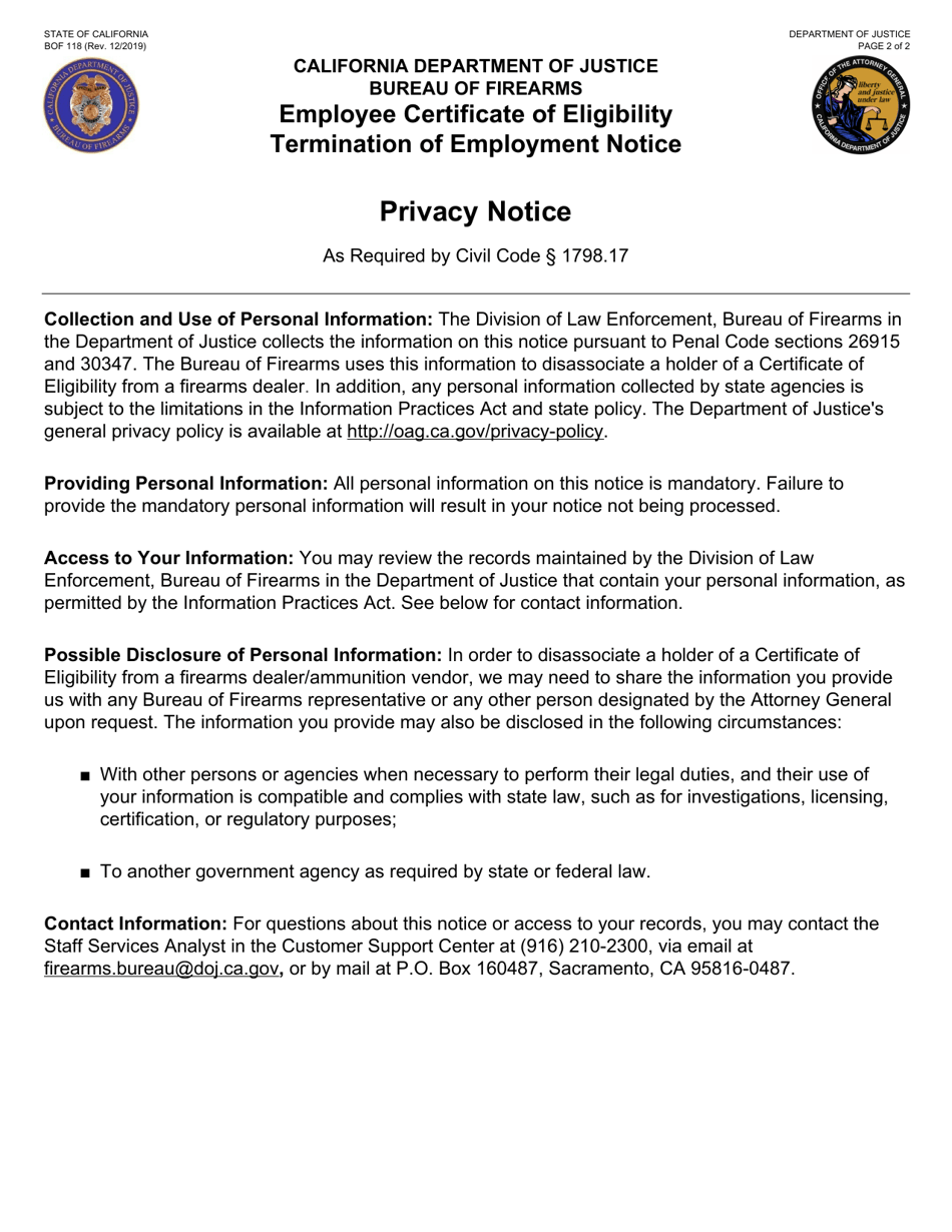 Form BOF118 Employee Certificate of Eligibility Termination of Employment Notice - California, Page 2