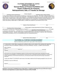 Form BOF110 &quot;General Notice of Firearm Prohibition and Power of Attorney for Firearms Relinquishment, Sale, or Transfer for Storage&quot; - California