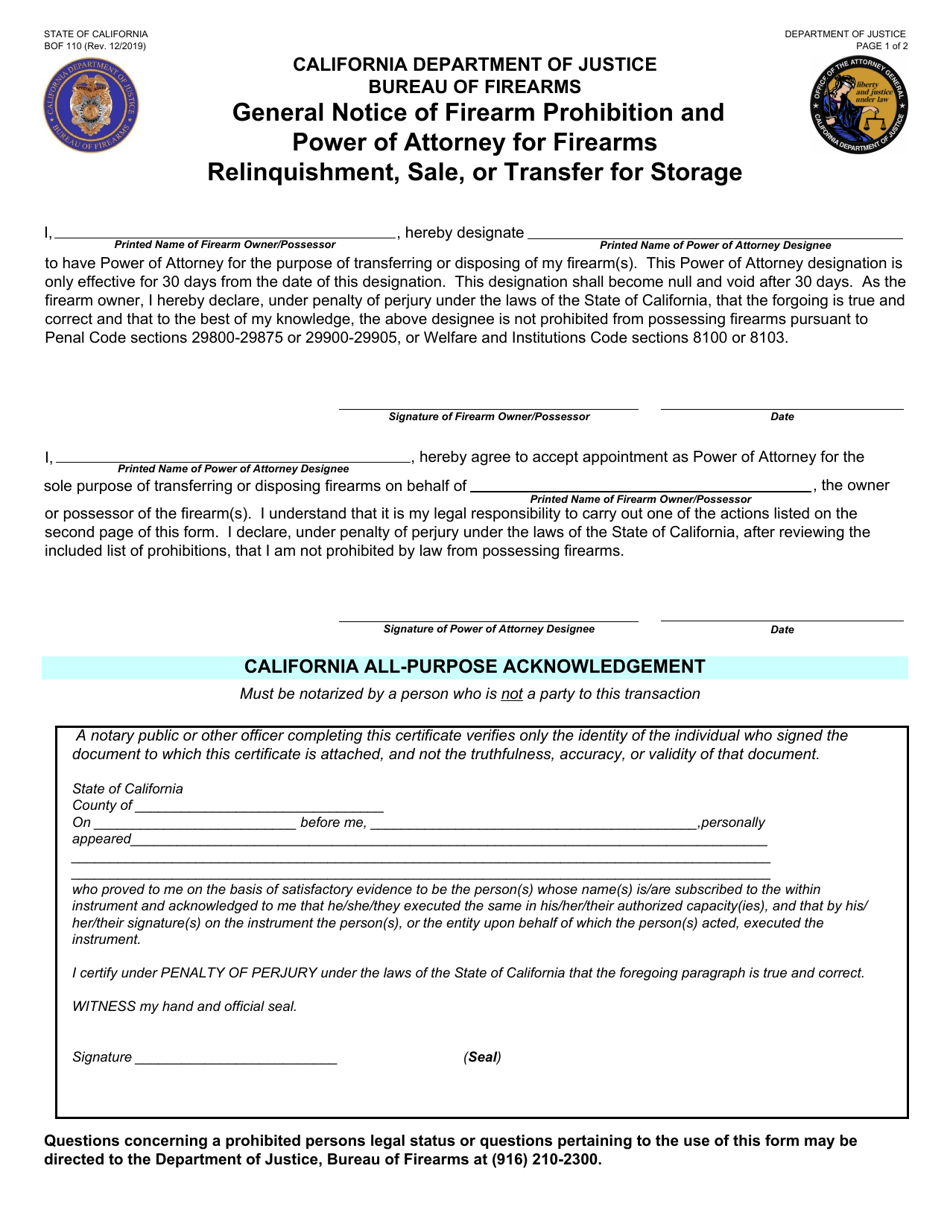 Form BOF110 General Notice of Firearm Prohibition and Power of Attorney for Firearms Relinquishment, Sale, or Transfer for Storage - California, Page 1
