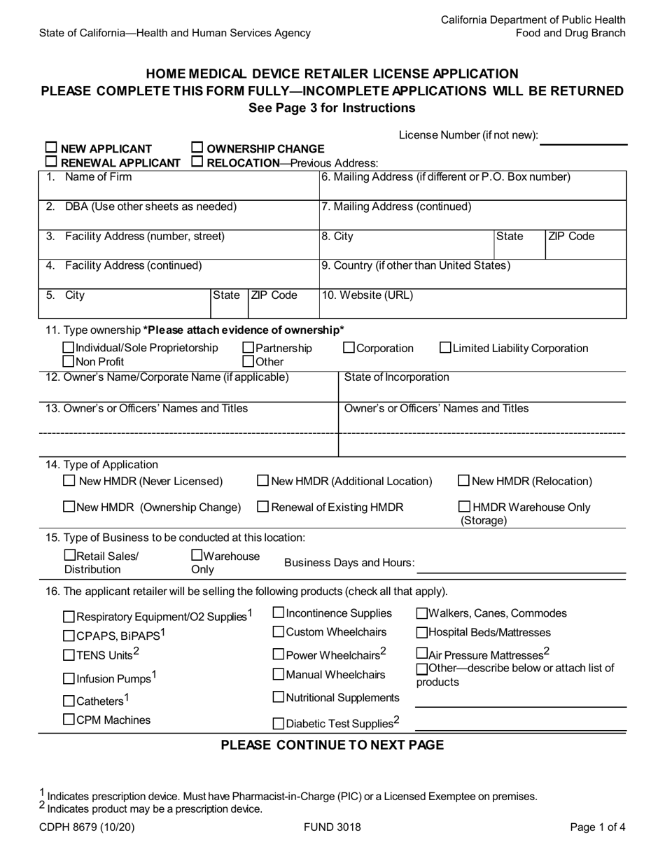 Form CDPH8679 Home Medical Device Retailer License Application - California, Page 1