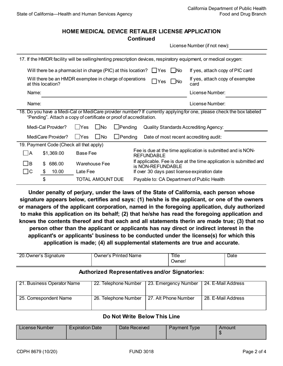 Form CDPH8679 Home Medical Device Retailer License Application - California, Page 2