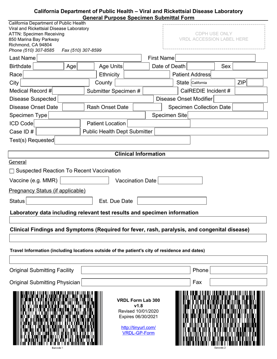 VRDL Form LAB300 General Purpose Specimen Submittal Form - California, Page 1