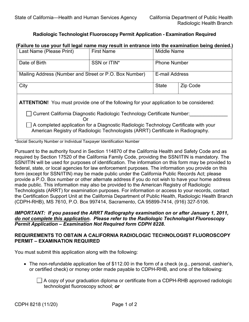 Form CDPH8218 Radiologic Technologist Fluoroscopy Permit Application - California, Page 1