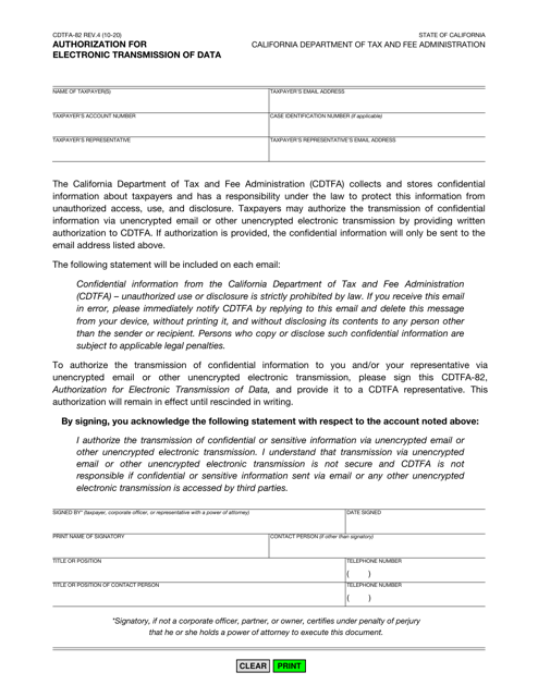 Form CDTFA-82 Authorization for Electronic Transmission of Data - California