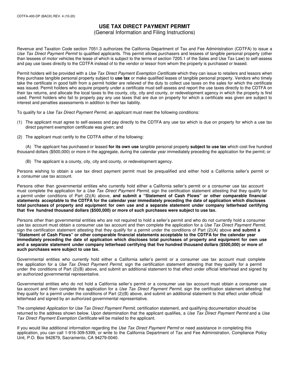 Form CDTFA-400-DP Application for Use Tax Direct Payment Permit - California, Page 2