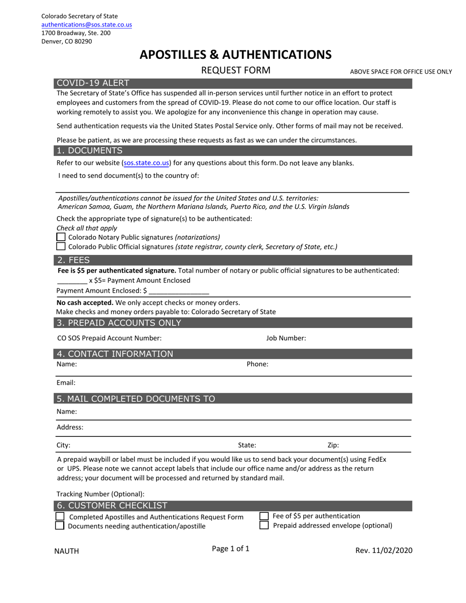 Apostilles  Authentications Request Form - Colorado, Page 1