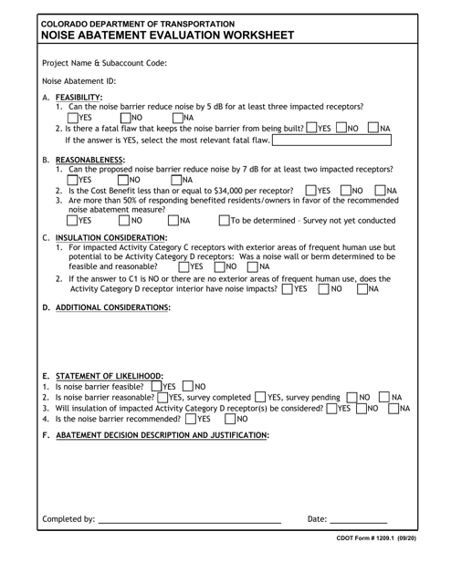 CDOT Form 1209.1 Noise Abatement Evaluation Worksheet - Colorado