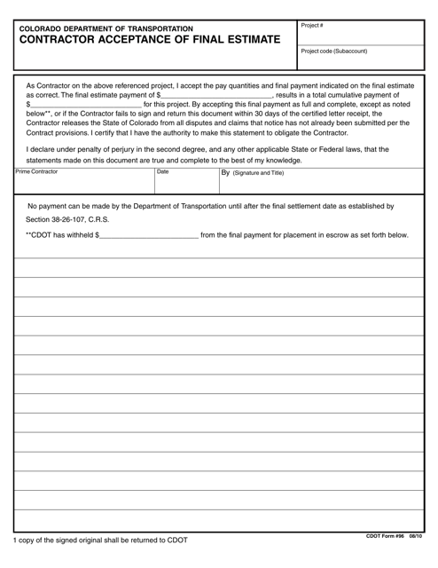 CDOT Form 96  Printable Pdf