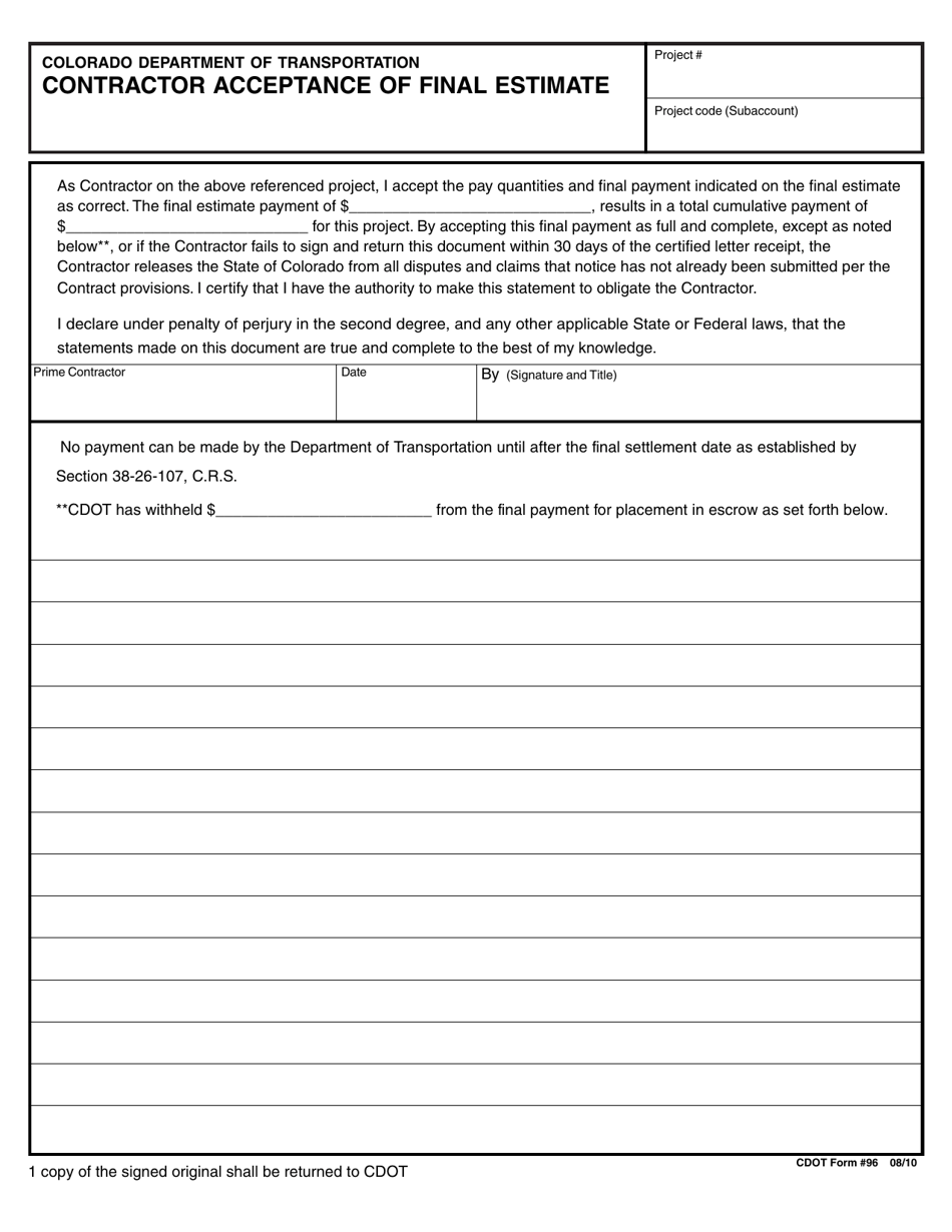 CDOT Form 96 Contractor Acceptance of Final Estimate - Colorado, Page 1
