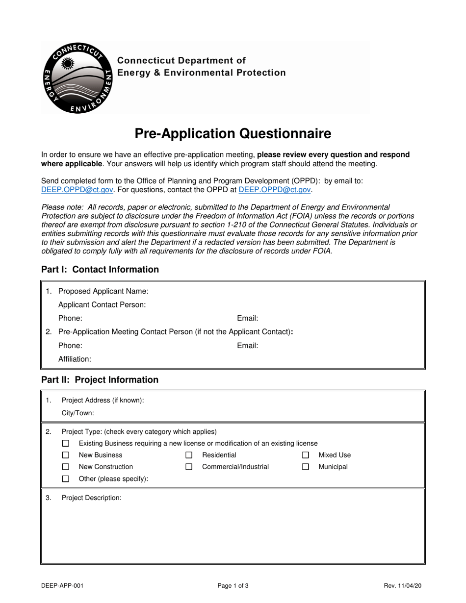 Form DEEP-APP-001 Pre-application Questionnaire - Connecticut, Page 1