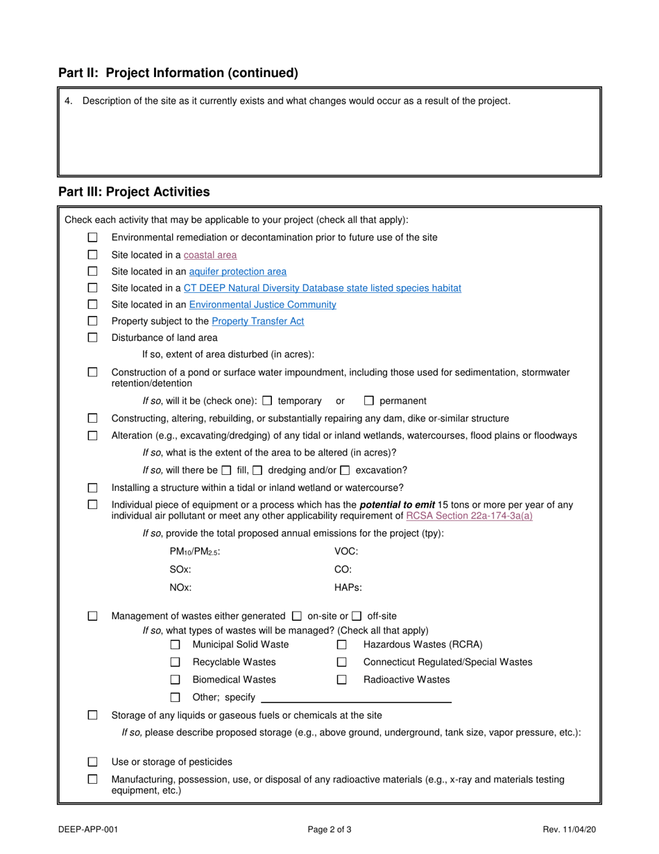 Form DEEP-APP-001 Pre-application Questionnaire - Connecticut, Page 2