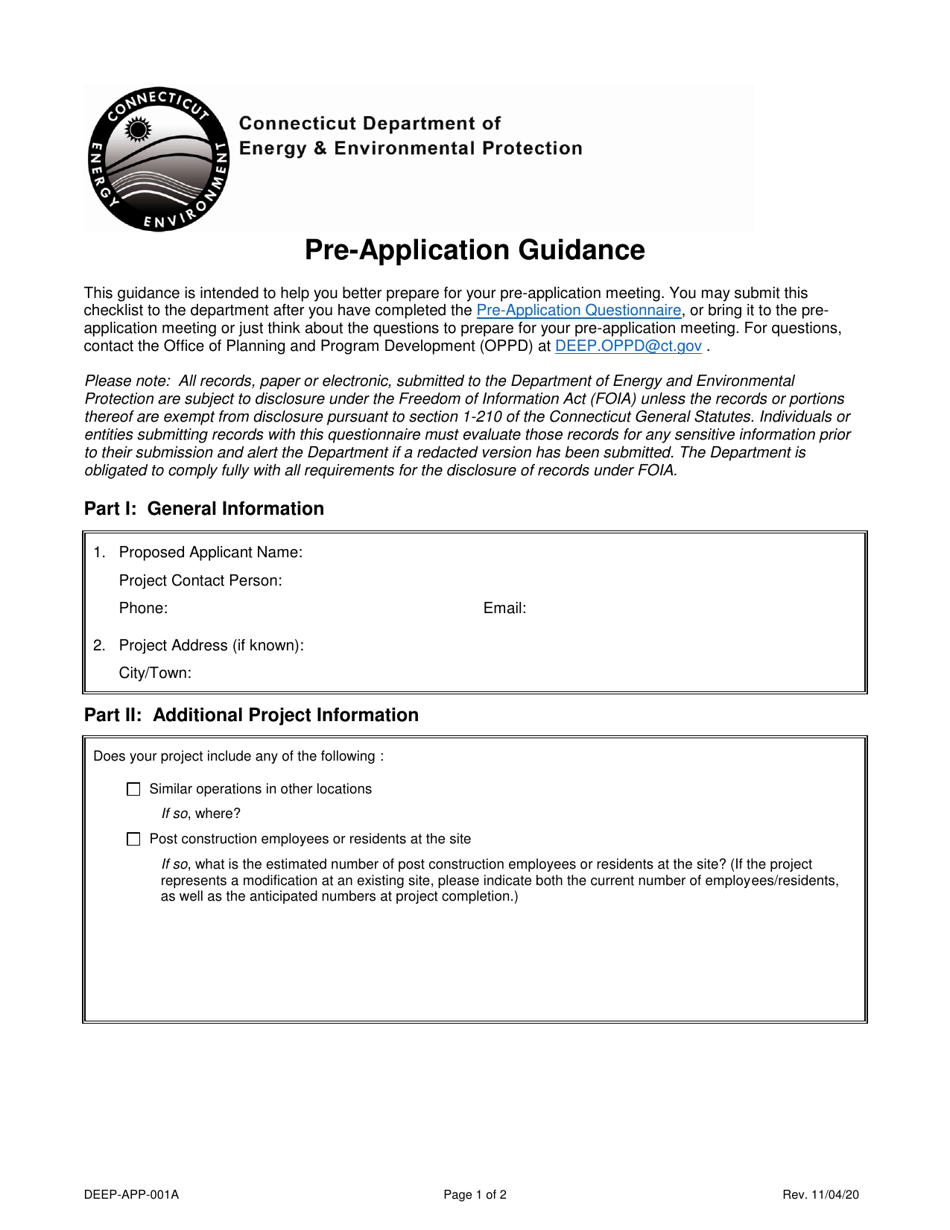 Form DEEP-APP-001A Pre-application Guidance - Connecticut, Page 1