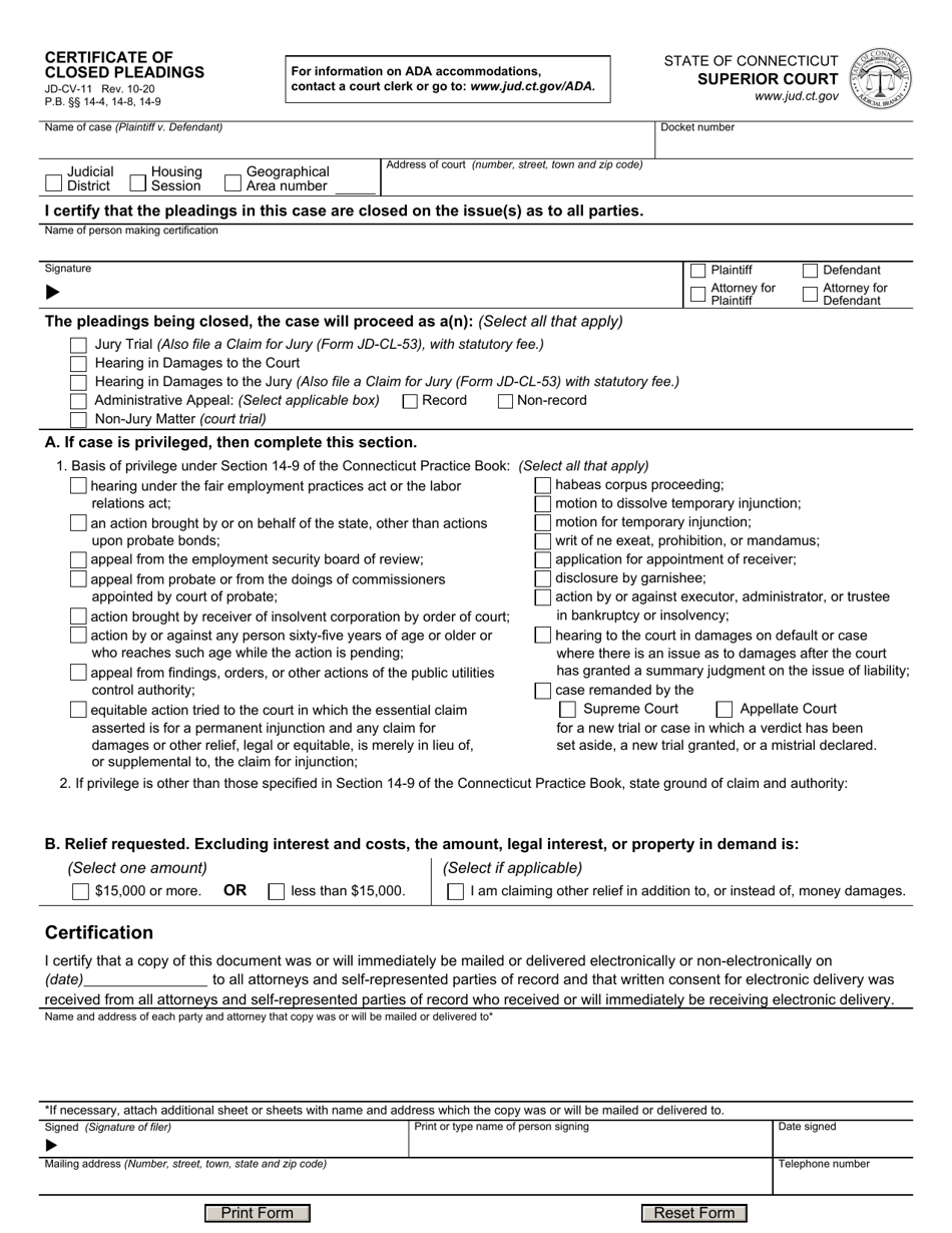 Form JD-CV-11 Certificate of Closed Pleadings - Connecticut, Page 1