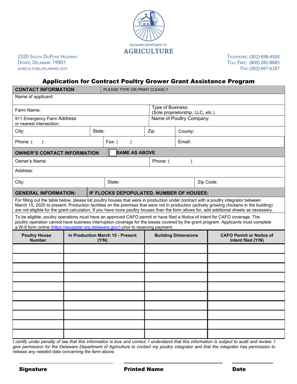 Application for Contract Poultry Grower Grant Assistance Program - Delaware, Page 1