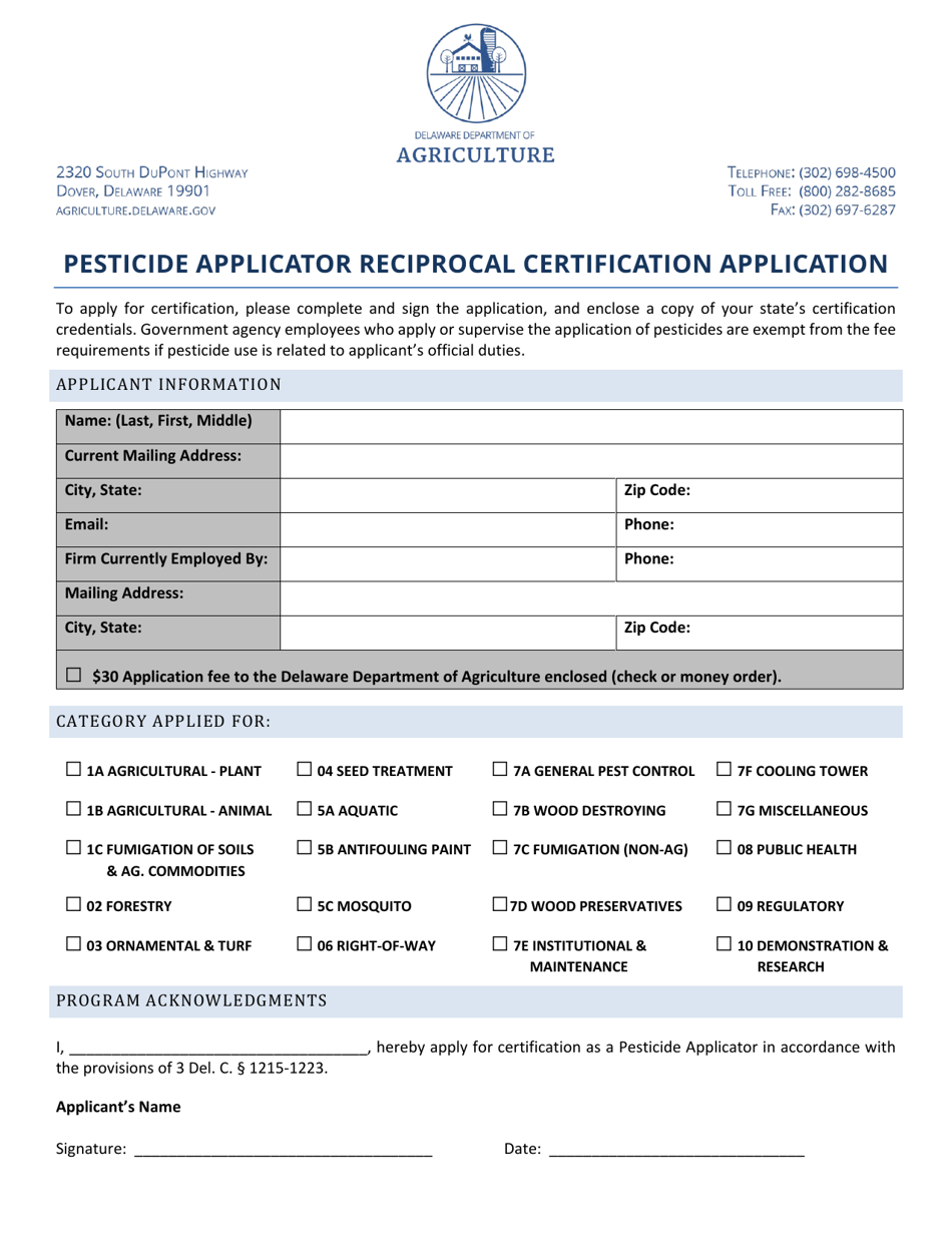 Pesticide Applicator Reciprocal Certification Application - Delaware, Page 1