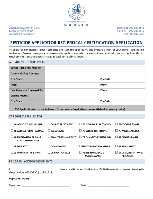 Pesticide Applicator Reciprocal Certification Application - Delaware