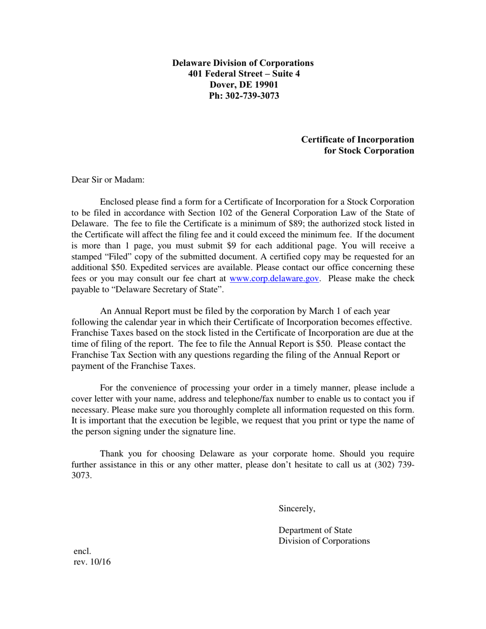 Delaware Certificate of Incorporation for Stock Corporation Download