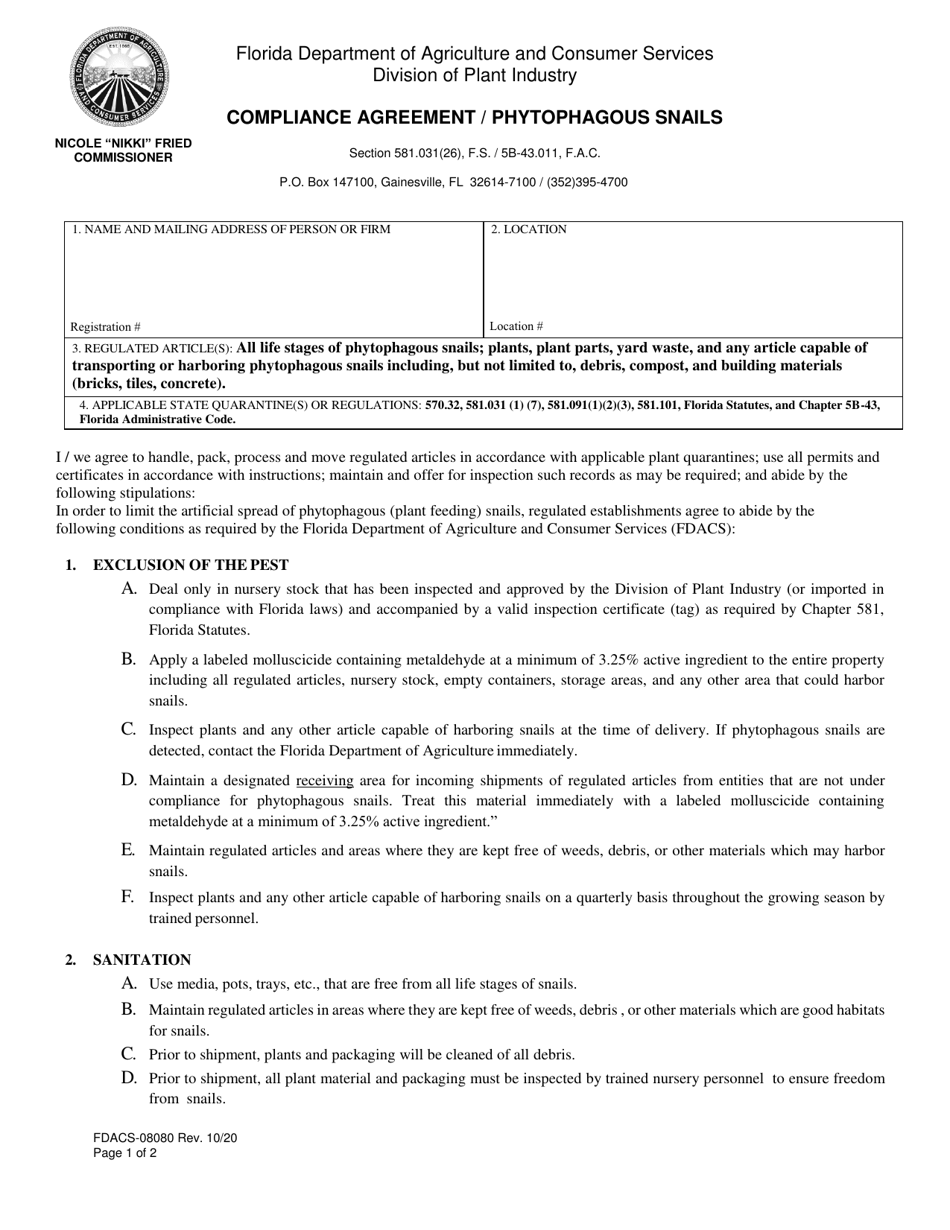 Form FDACS-08080 Compliance Agreement / Phytophagous Snails - Florida, Page 1