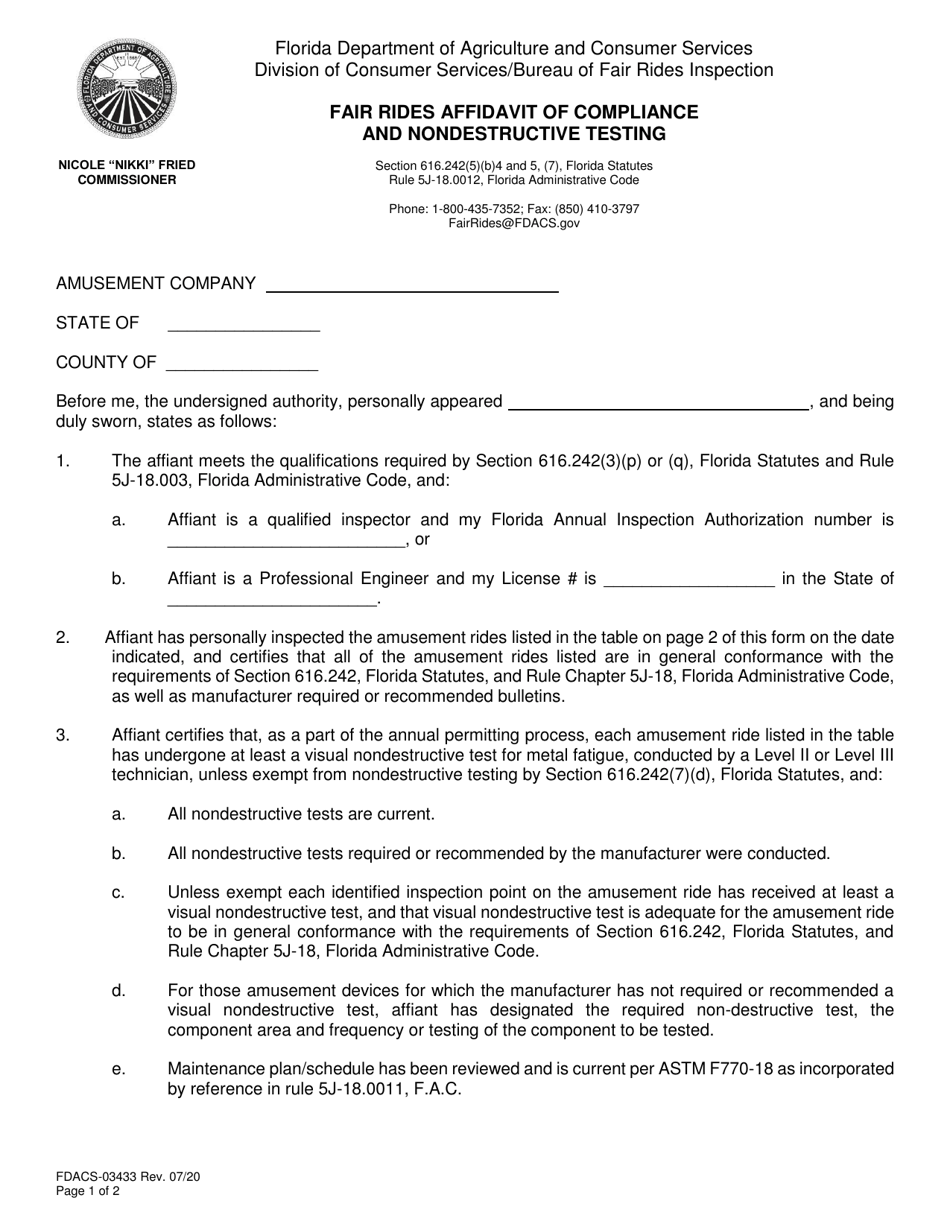 Form FDACS-03433 Fair Rides Affidavit of Compliance and Nondestructive Testing - Florida, Page 1