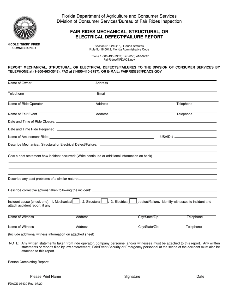 Form FDACS-03430 Fair Rides Mechanical, Structural, or Electrical Defect Report - Florida, Page 1