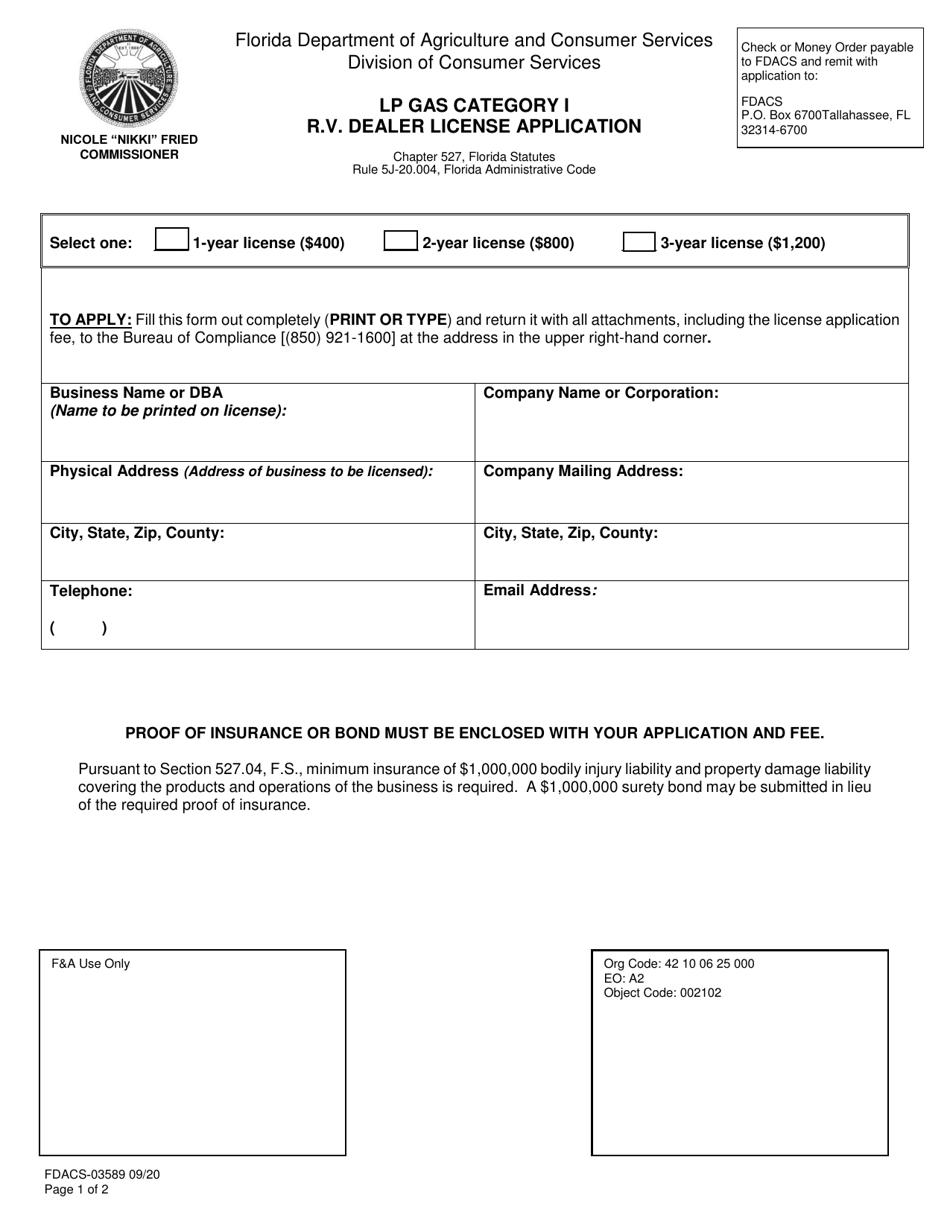 Form FDACS-03589 Lp Gas Category I R.v. Dealer License Application - Florida, Page 1