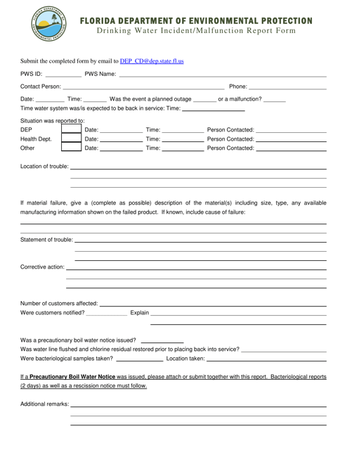 Drinking Water Incident / Malfunction Report Form - Florida Download Pdf