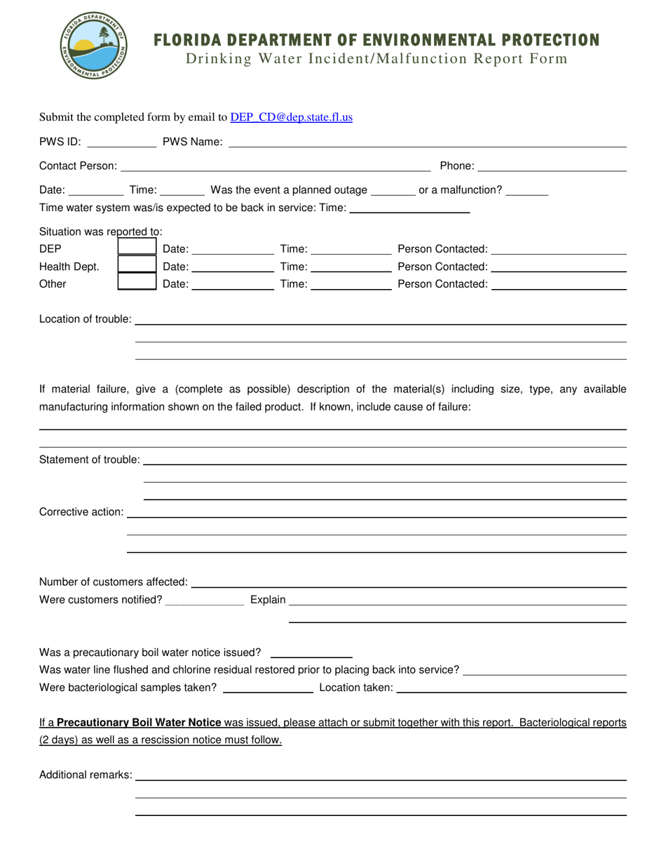 Drinking Water Incident / Malfunction Report Form - Florida, Page 1