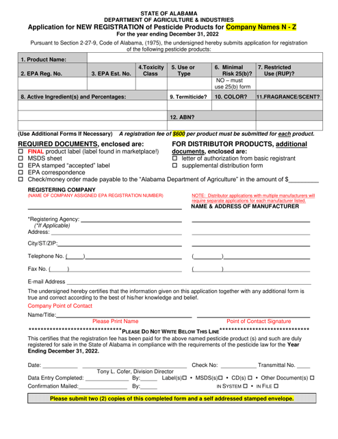 Application for New Registration of Pesticide Products for Company Names N - Z - Alabama, 2022