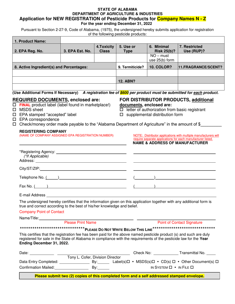 Application for New Registration of Pesticide Products for Company Names N - Z - Alabama, Page 1