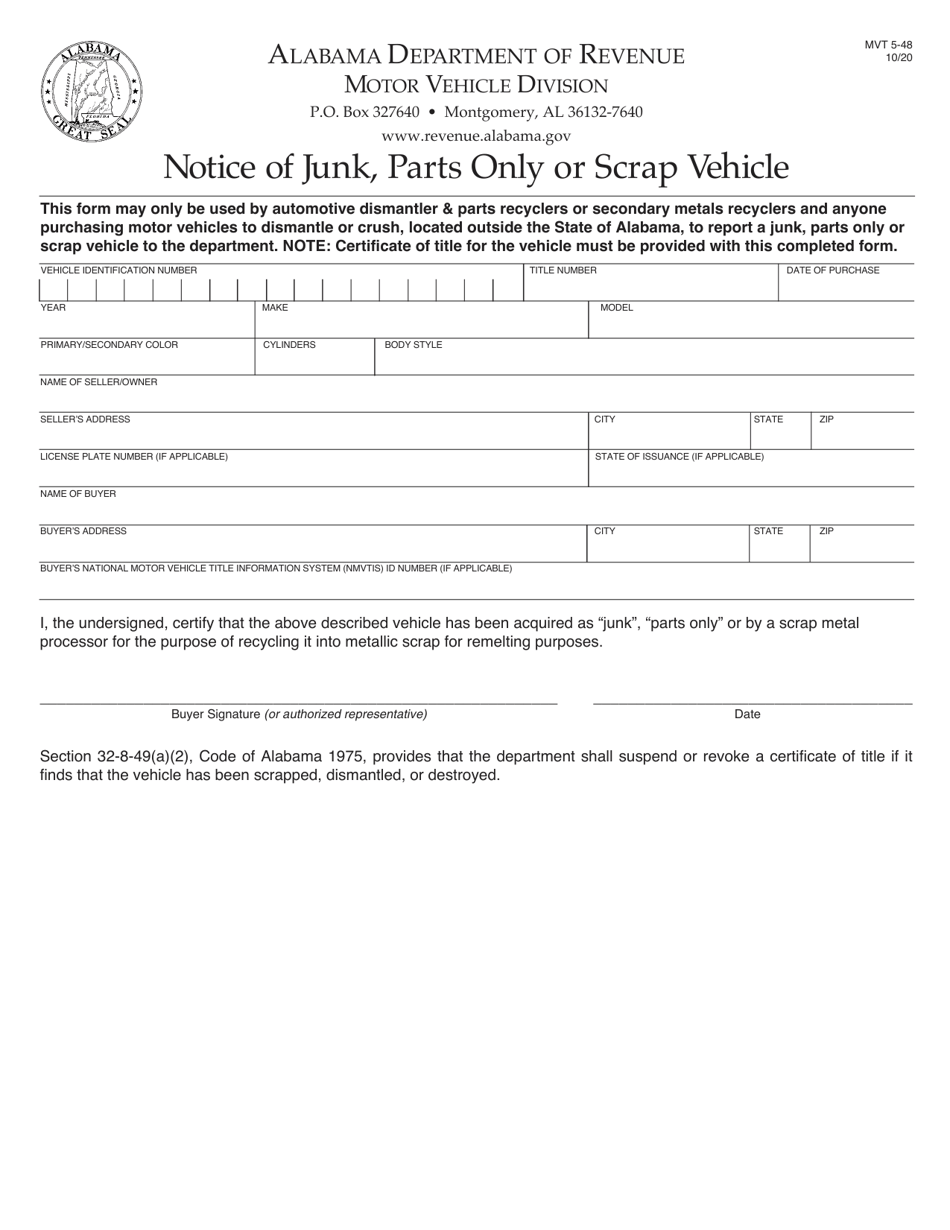 Form Mvt5 48 Download Printable Pdf Or Fill Online Notice Of Junk Parts Only Or Scrap Vehicle 7647