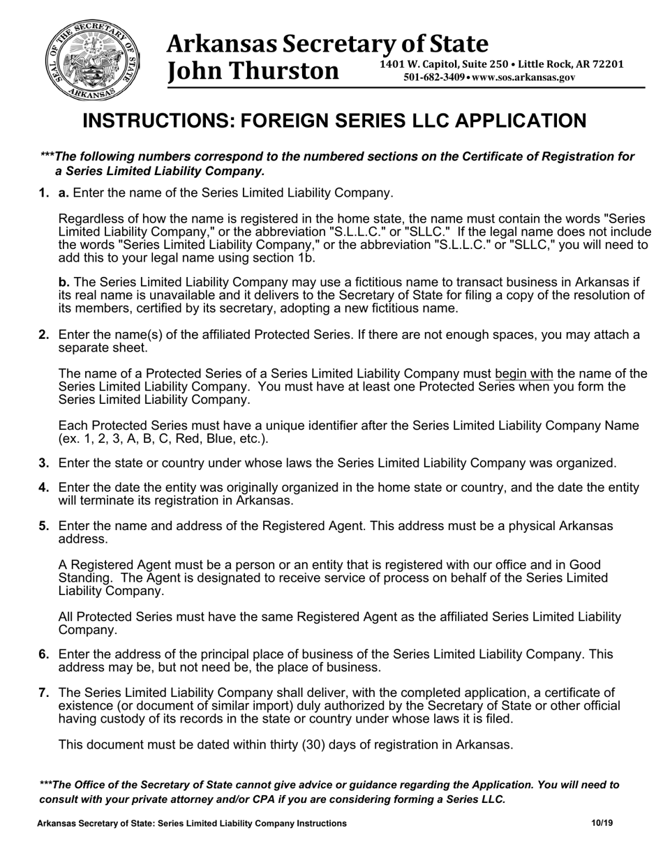 Instructions for Application for Certificate of Registration of Foreign Series Limited Liability Company - Arkansas, Page 1
