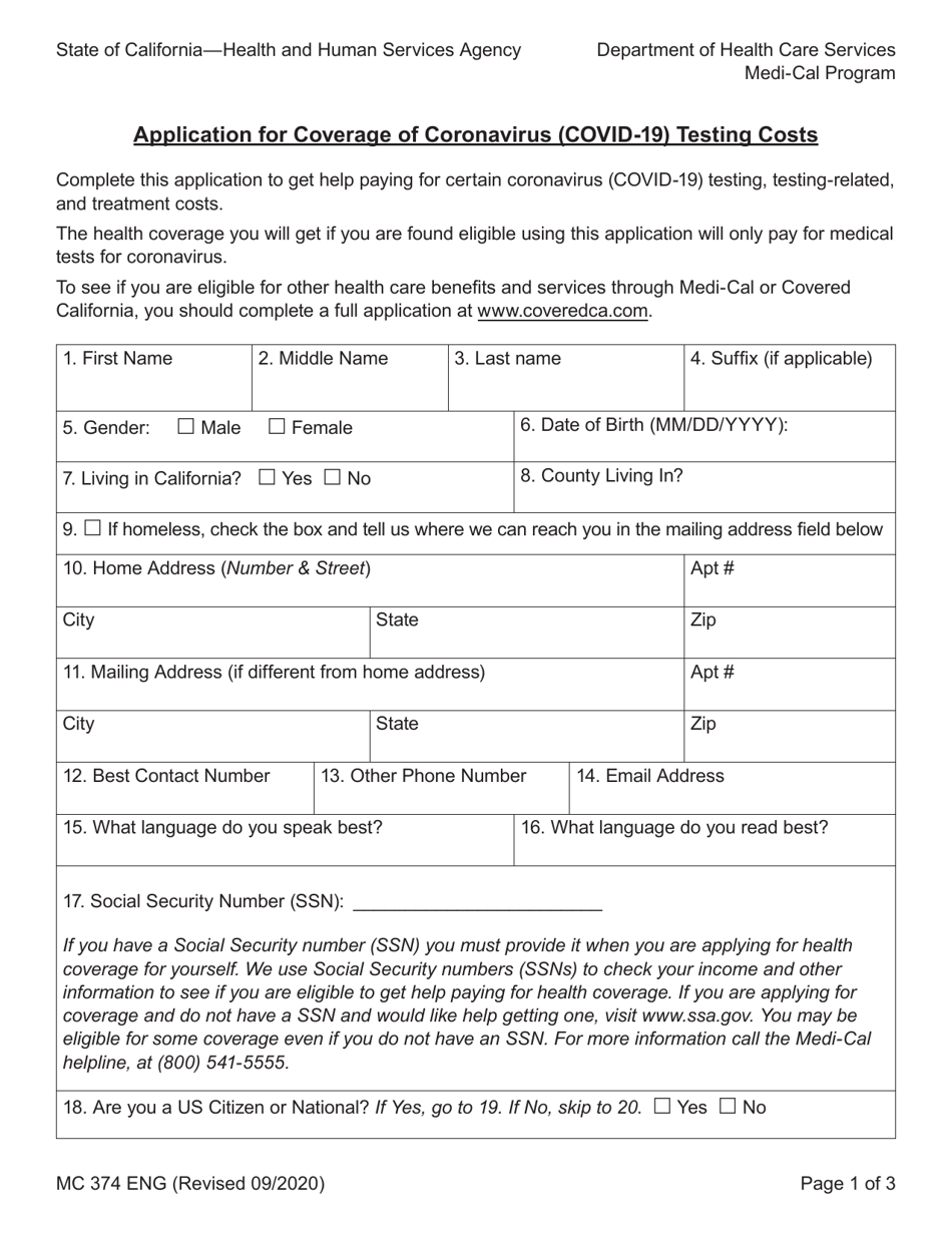 Form MC374 Application for Coverage of Coronavirus (Covid-19) Testing Costs - California, Page 1