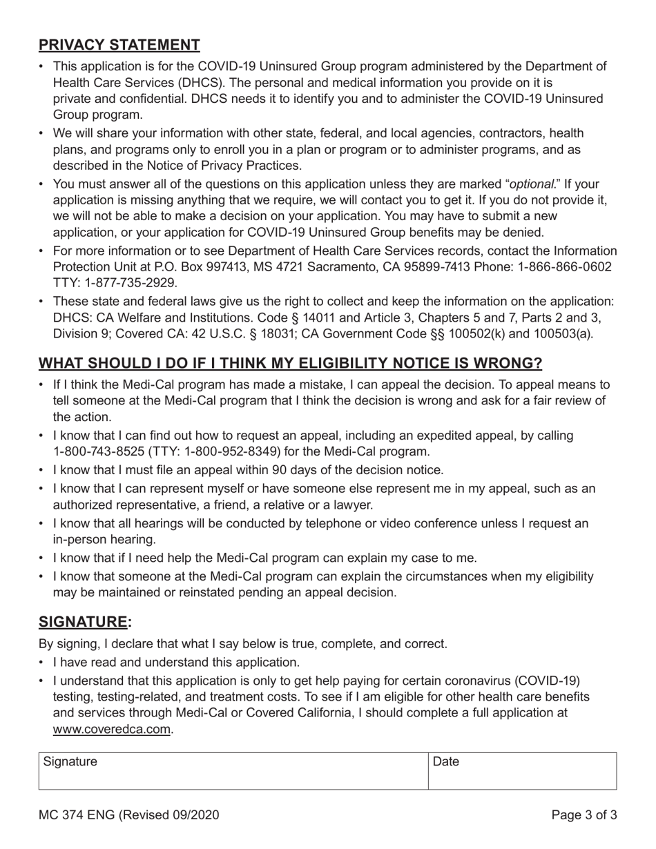 Form MC374 Application for Coverage of Coronavirus (Covid-19) Testing Costs - California, Page 3