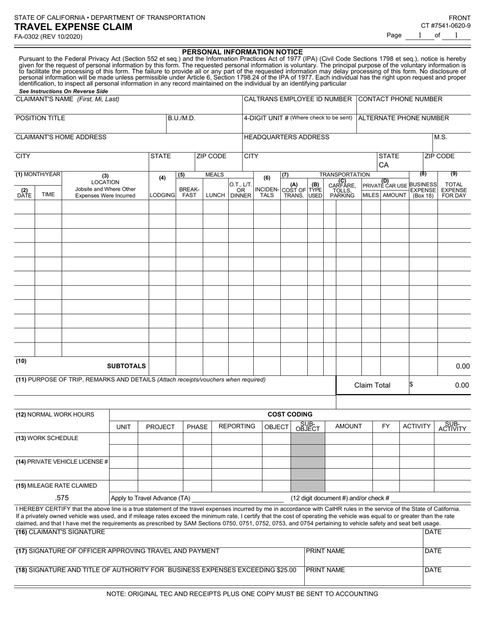 Form FA-0302 Travel Expense Claim - California, Page 1