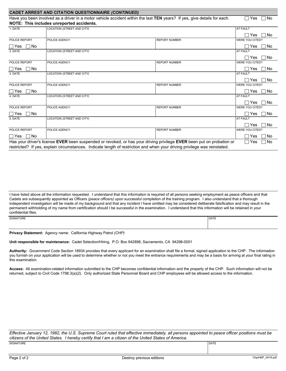 Form CHP446F Cadet Arrest and Citation Questionnaire - California, Page 2