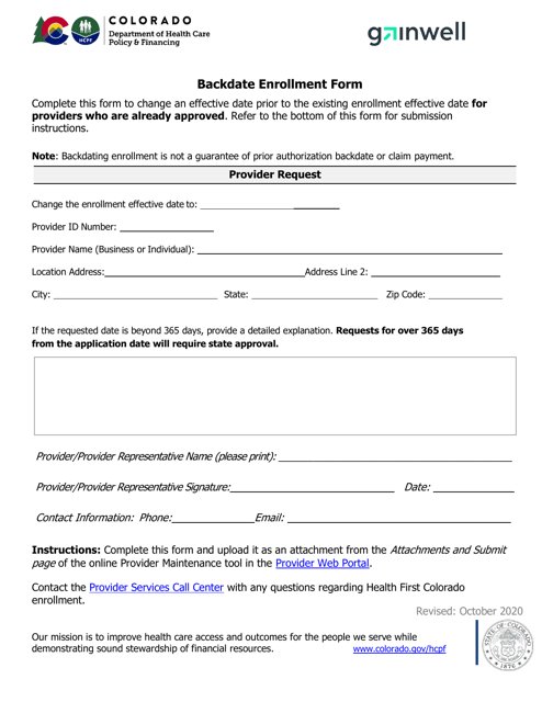 Backdate Enrollment Form - Colorado Download Pdf